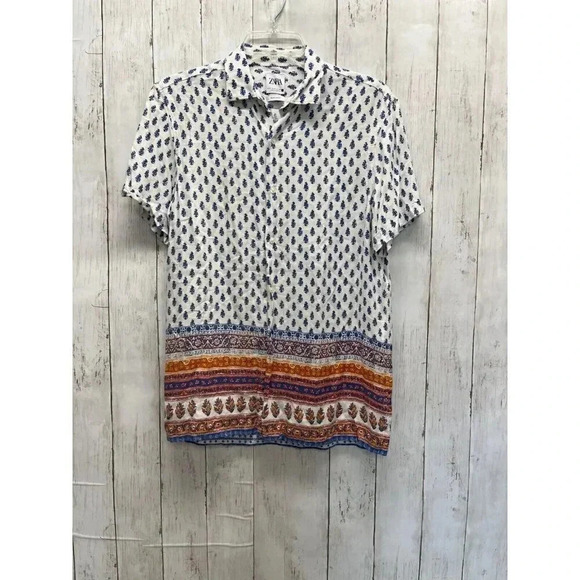 ZARA WOMENS SIZE M BLUE WHITE BUTTON SHORT SLEEVE BOHO BLOUSE NWOT - Picture 1 of 5